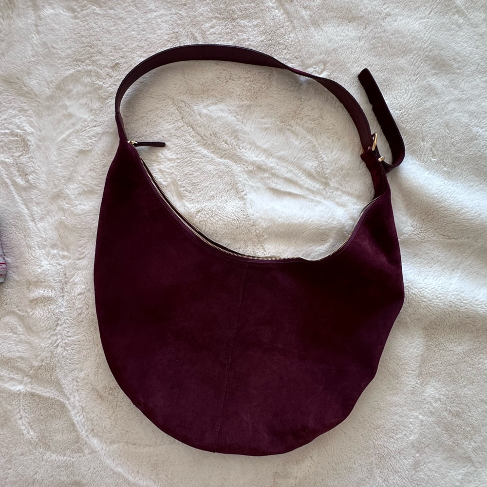 Madewell Essential Curve Suede Shoulder Bag Deep Merlot Burgundy Gold Hardware - Picture 10 of 13
